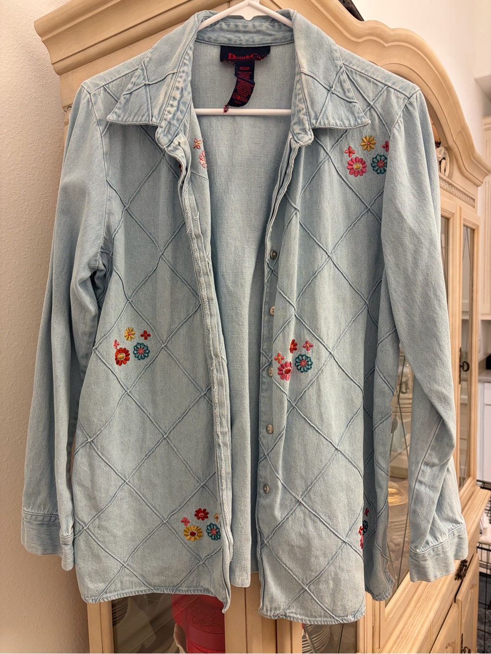 Embroidered Denim Button Down Shirt | Floral Boho Light Wash Jacket Top M